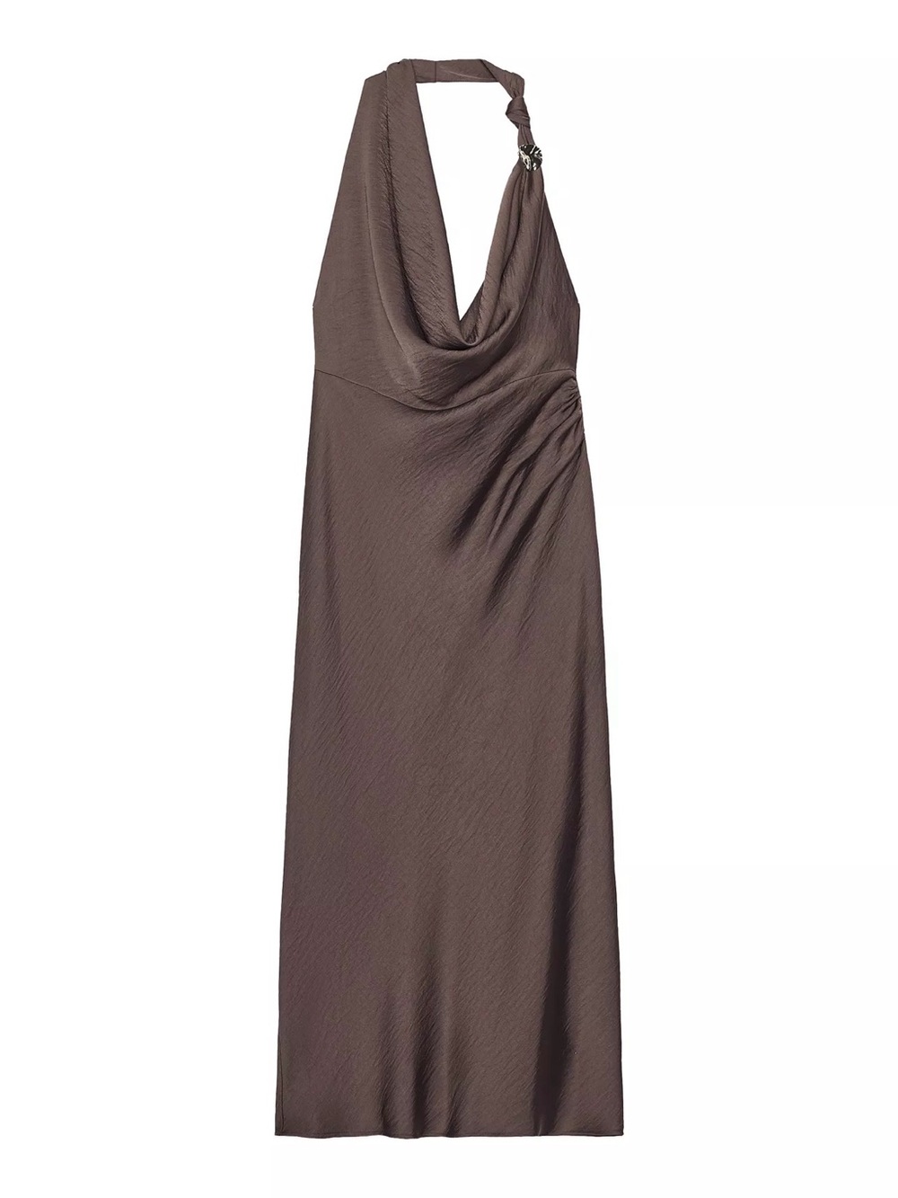 Zara Brown Halter Satin Cowl Neck Maxi Dress